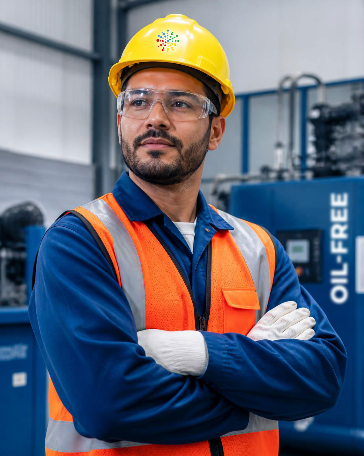 Técnico de compressores de ar industrial com EPIs da Rental Parts